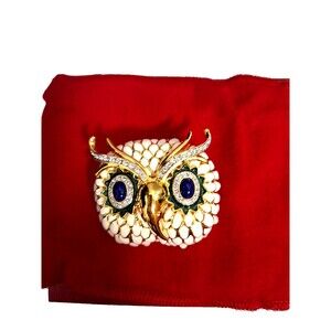Vintage Kenneth Jay Lane KJL Owl Brooch Pin White Enamel Blue Glass Eyes‎